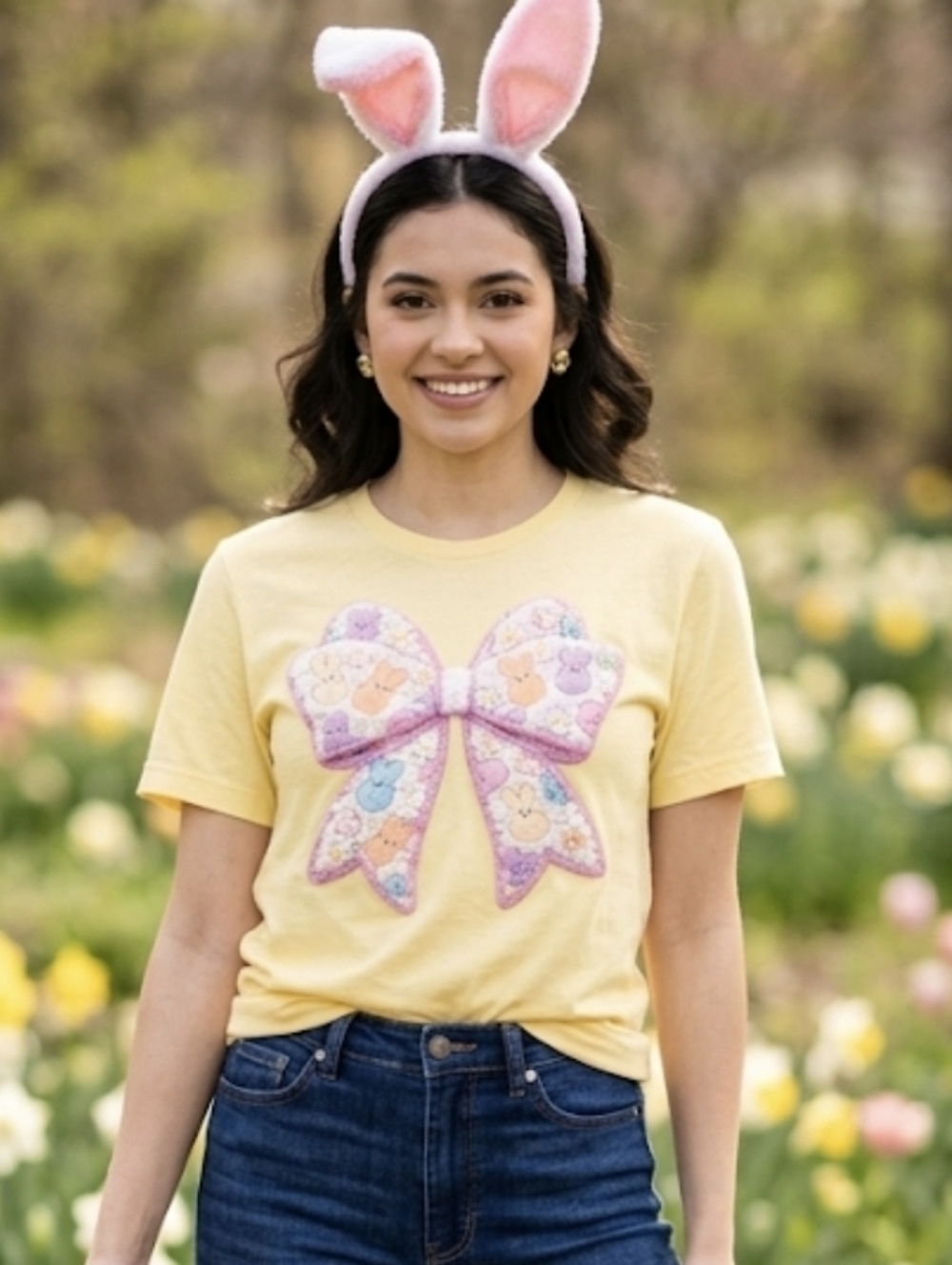 Bella+Canvas Yellow Coquette Easter Peep's Bow Shirt S NEW